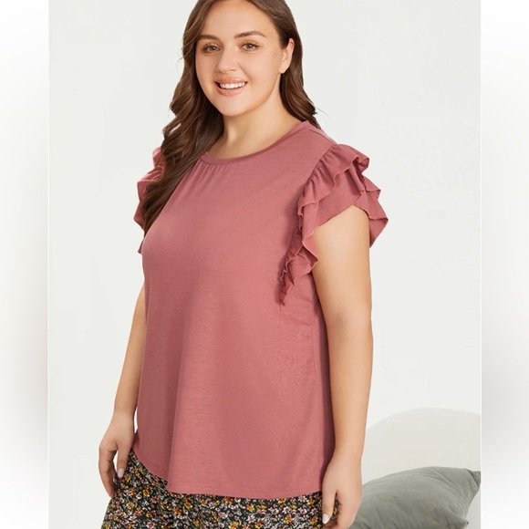 BloomChic Plus Size 2XL Solid Crew Neck Ruffle Short Sleeve Shirt us18-20 - Picture 4 of 7